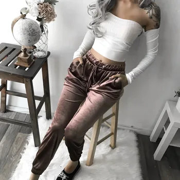 

2020 Casual Elastic Waist Drawstring Tie Ankle Trousers Female Mirco Velvet Soft Warm Pants Autumn Women SlimPencil Pants