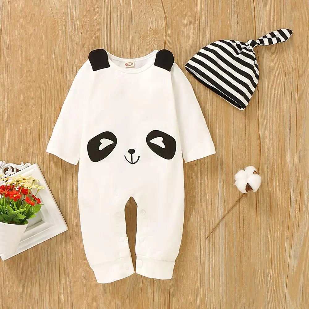 Baby Rompers Cute Panda Print Newborn Bebes Jumpsuits + Hats Outfits for Infant Boys Girls Overalls Pajamas Long Sleeves Clothes