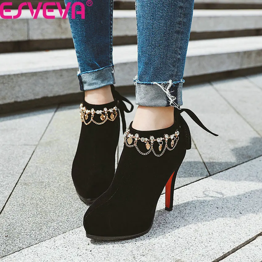 

ESVEVA 2020 Butterfly-Knot Platform Scrub Zipper Ankle Boots Pointed Toe Metal Decoration Thin High Heel Women Shoes Size 34-43