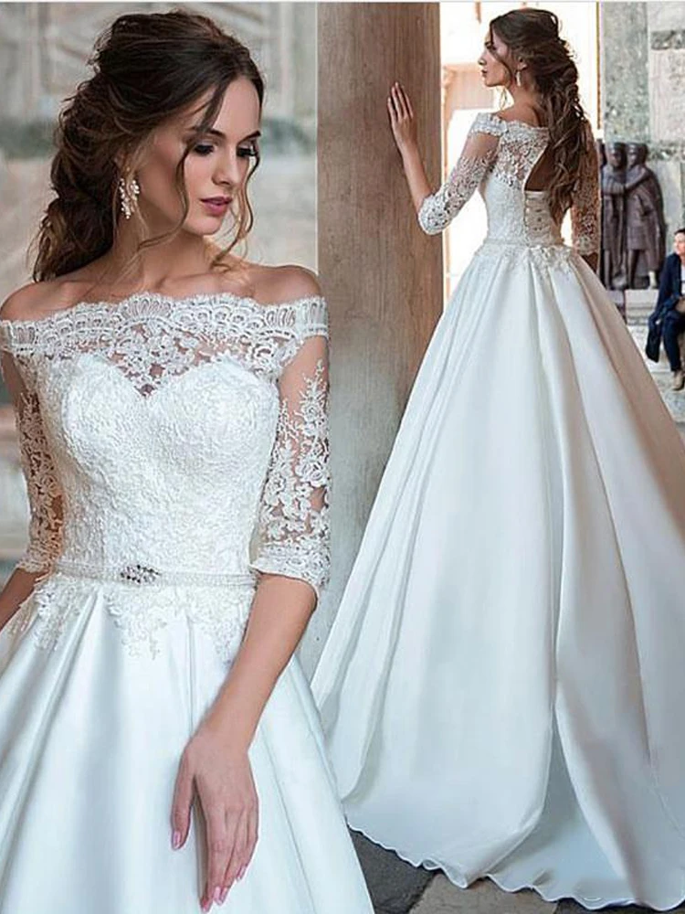 Белый LORIE Princess Wedding Dresses Off The Shoulder Half Sleeve Lace Bride Dresses Lace Up Back Wedding Ball Gown Vestido de novia - Цвет: Белый