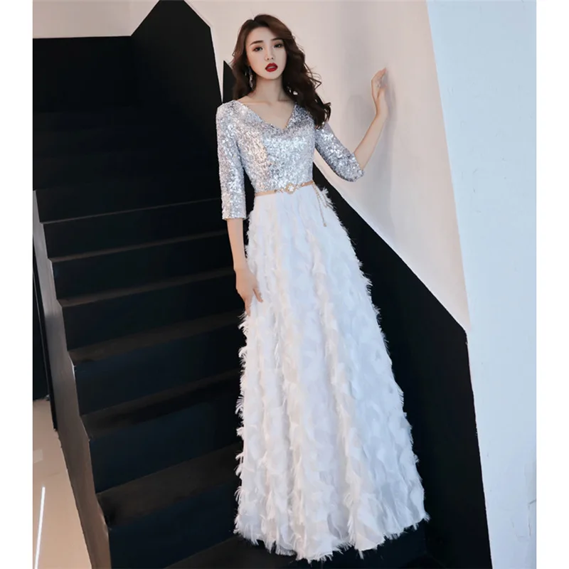 Элегантное вечернее платье, длинные юбки, стиль, благородный банкет, длинный v-образный вырез, с блестками, для похудения, годовое общее мероприятие, ведущий дебутан