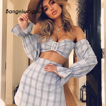 

Bangniweigou Vintage Gingham Top Dress Set Two Pieces Women Strapless Ruffle Tube Top Skirt Clothing Sets Beach Set