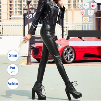 

Autumn Winter Women Thin Velvet PU Leather Pants Female Sexy Elastic Stretch Faux Leather Skinny Pencil Pant Women Tight Trouser