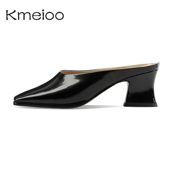 

Kmeioo square toe Shallow mules shoes square heel slip on women sandals slides fashion simple casual women sandals