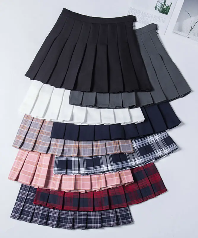 Женская клетчатая юбка с высокой талией, плиссированная короткая юбка, трапециевидная школьная юбка, Униформа с внутренними шортами, повседневная юбка для худеньких девушек