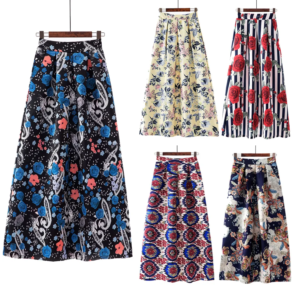 

2020 New Fashion Autumn Skirts Retro Polka-dot Large-length Skirt Floral Print High Waist Slim Women Elegant Office lady Skirt