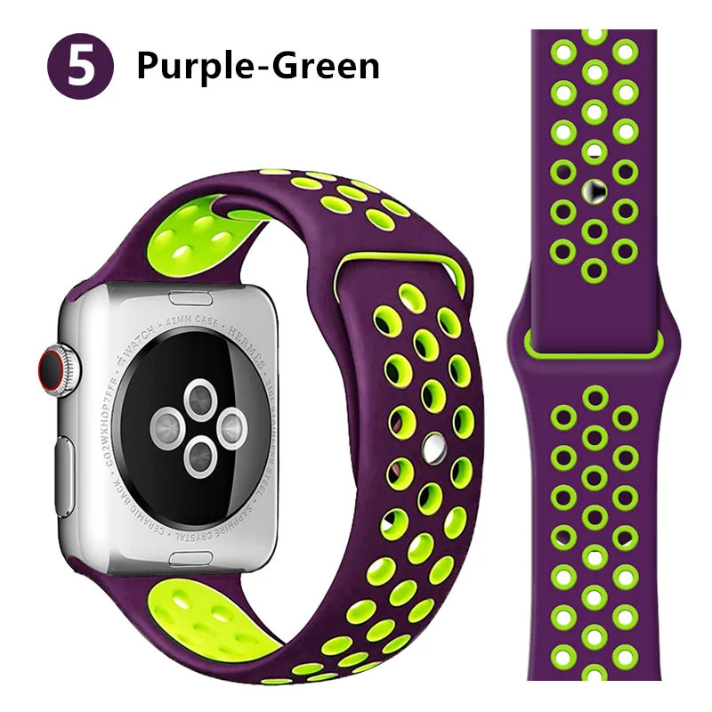 purple green 5 Спортивный ремешок для apple watch, ремешок correa iwatch, 42 мм, 44 мм, 38 мм, 40 мм, силиконовый ремешок для часов, браслет для apple watch 5, 4, 3, 2, 1, 42, 44 - Цвет ремешка: purple green 5