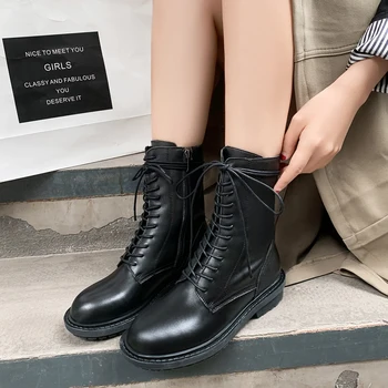 

100% cow leather Comfortable Women Ankle Boots Cross Tied Zipper Platform Short Boots thick high heels Casual Party Shoes Woman
