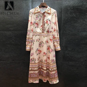 

AELESEEN Pink Shirt Dress 2020 Runway Fashion Women's Spring Dress Long Sleeve Turn-Down Collar Flower Print Elegant Party Dress