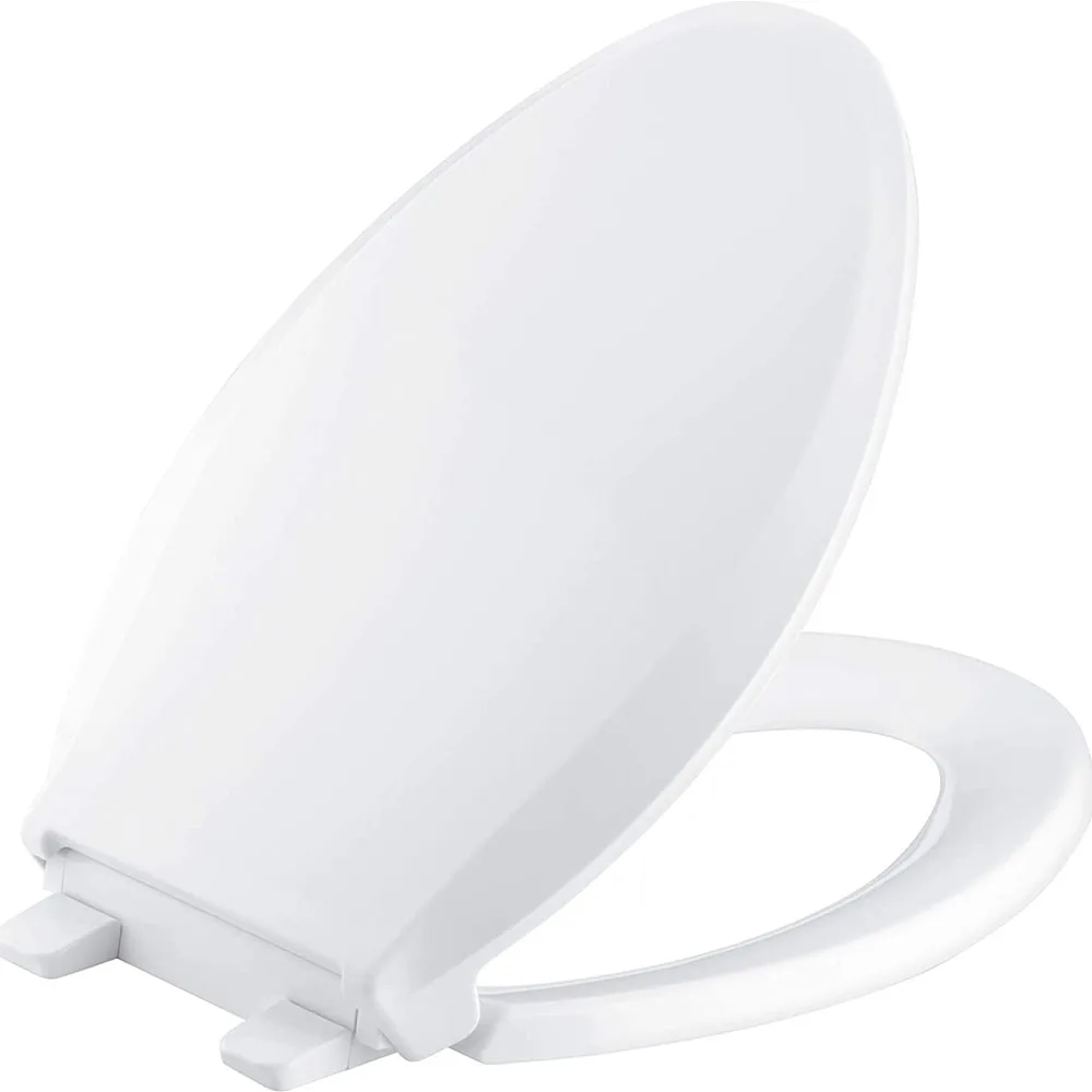 Elongated White No Slam Toilet Seat, with Grip Tight Bumpers, Quiet