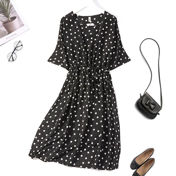 

Women's 100% Pure Silk Long Dress Crew neck black Dots short sleeve belted Wide bottom one size JN356