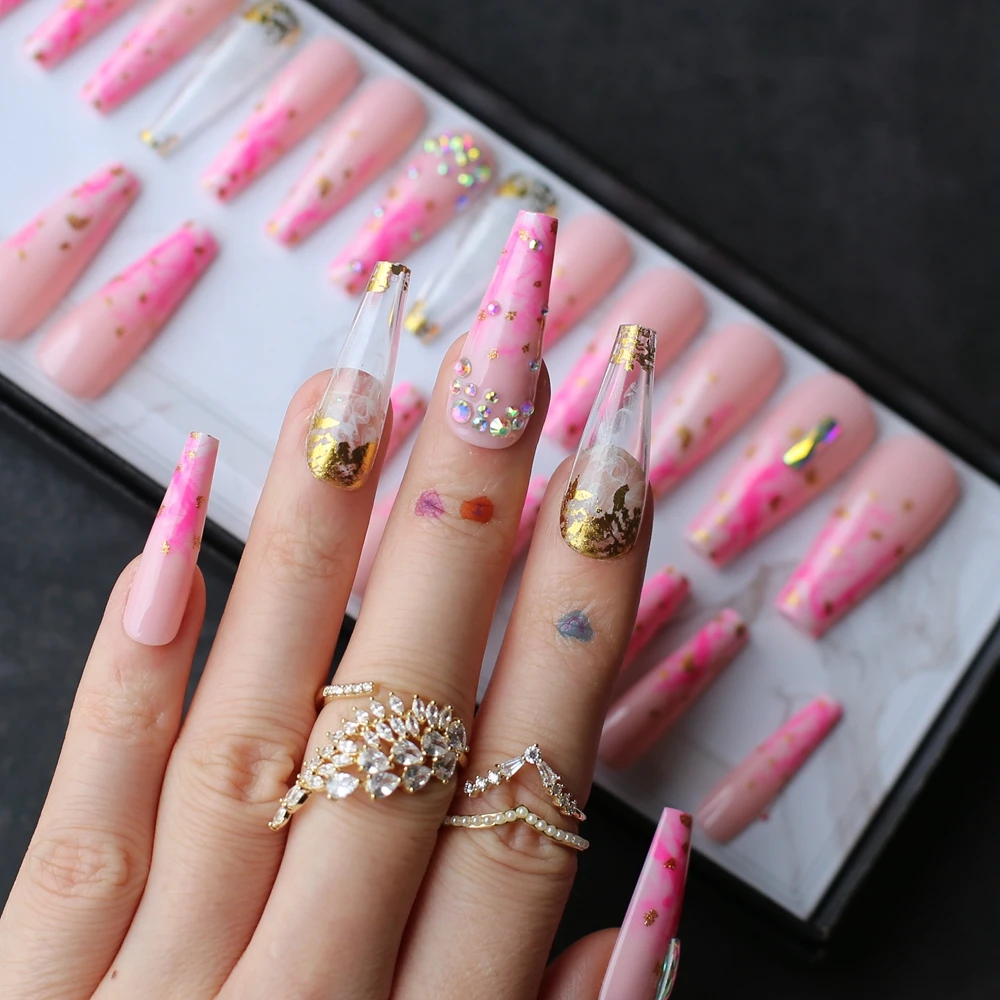 Rhinestone Crystal Design Pink Luxury Ombre Extra Coffin Press On Nails Gel  Abstract Smudge Art Crystal Fake Nails Custom Logo - False Nails -  AliExpress
