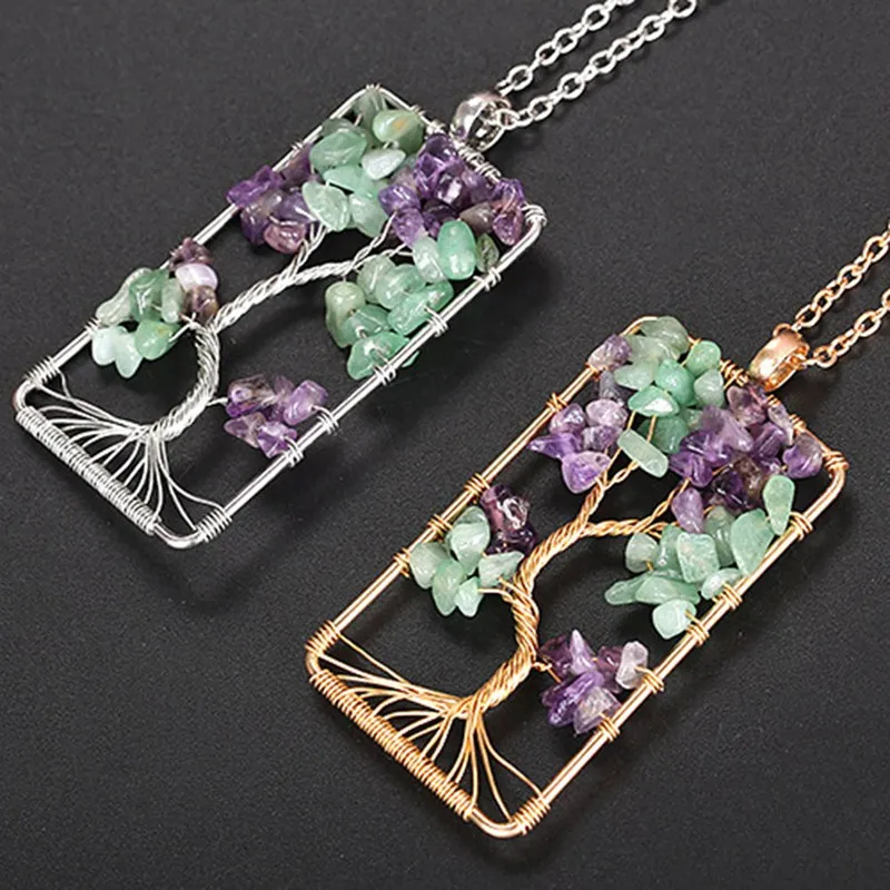 

Natural Crushed Stone Rectangle Life Tree Crystal Money Tree Necklace Natural Peridot Stone Pendant Chain Necklace Charm Jewelry