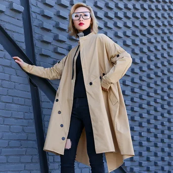 

Johnature Original Autumn New Irregular Trench For Women 2020 Casual Solid Color Stand Collar Button Zippers Long Coats