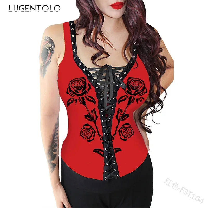 Lugentolo Women's Sexy Tank Top Deep V-neck Slim Chest Bandage Rose Flower Print Fashion Vest Plus Size 5XL Female Short Tanks | Женская