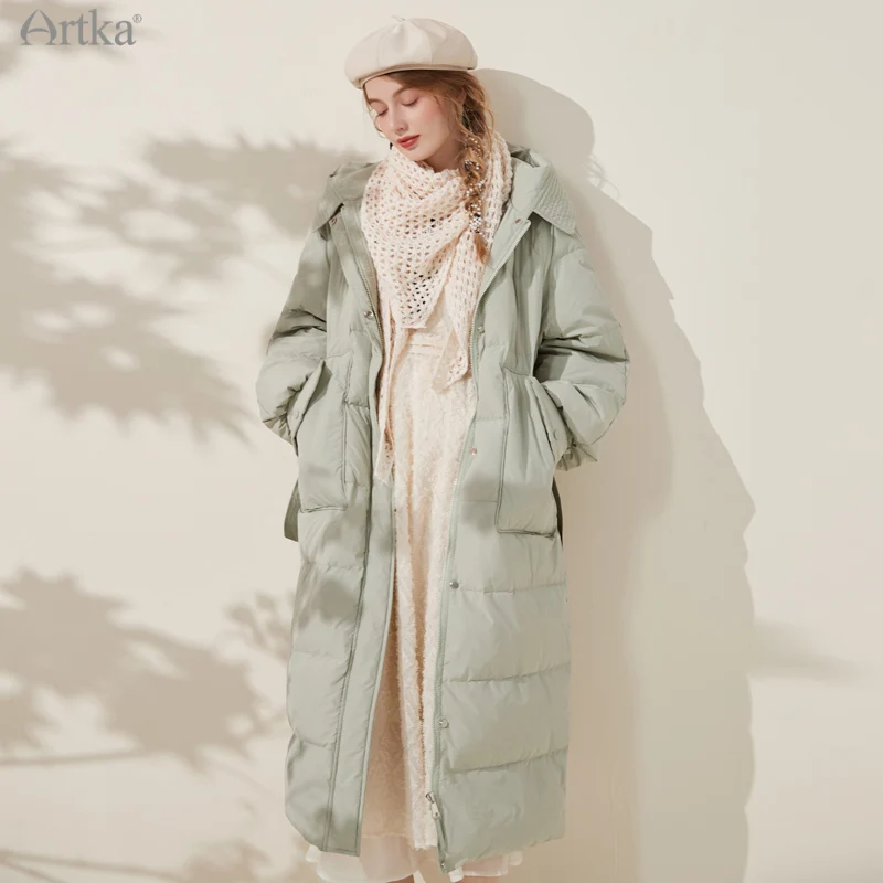 

ARTKA 2021 Winter New Women Down Coat Fashion Elegant 90% White Duck Down Coat Loose Long Hooded Warm Coats With Belt YK20012D