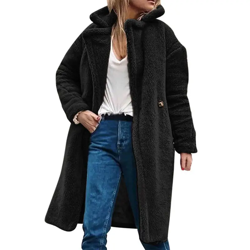 Для женщин зимние теплые свободные длинные флисовая куртка, пальто верхняя одежда, Большие размеры - Цвет: Черный