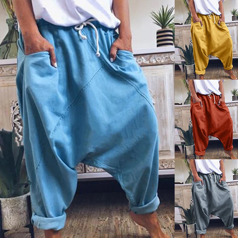 Pantalones harén para mujer, pantalones bohemios, pantalones de talle medio para mujer, pantalones a cuadros sólidos, pantalones holgados de pierna ancha informales, pantalones capri 2020