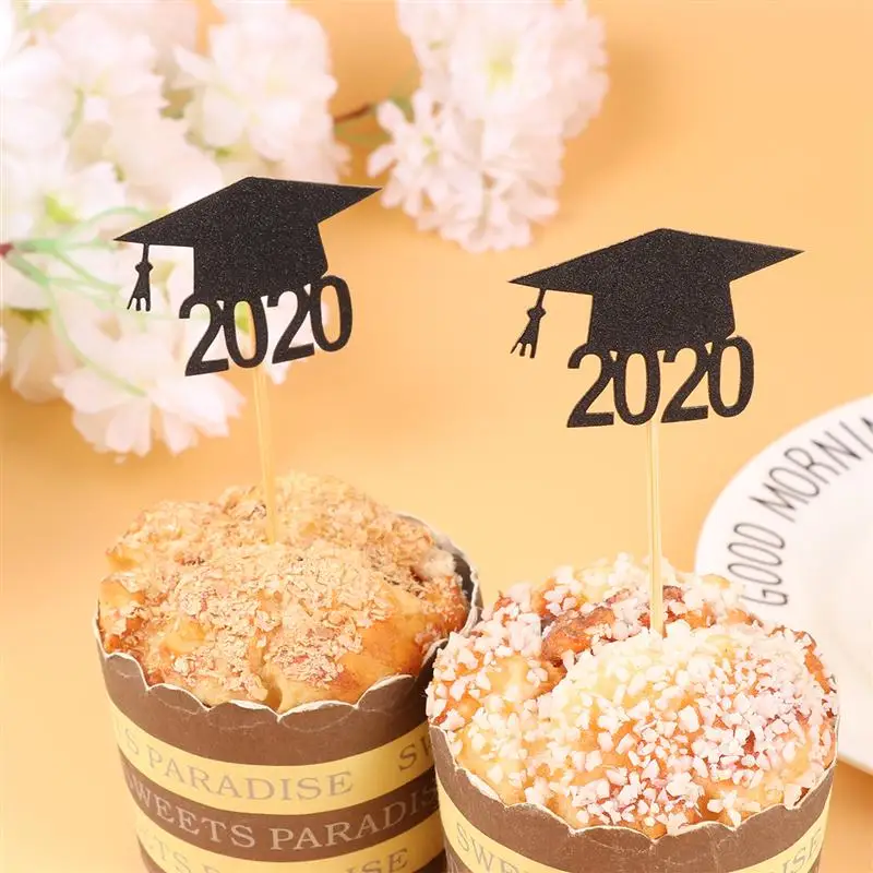 

12pcs 2020 Graduation Hat Cupcake Toppers Paper Glitter Cake Toppers Insert Bachelor Cap Cake Decor For Congratulation Party