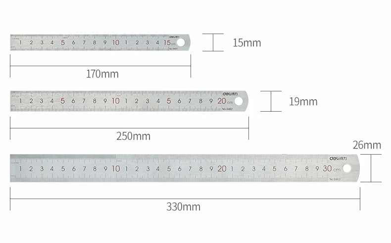 Régua Deli-Stainless Steel Metal, Réguas Retas Prateadas, Ferramenta de Mapeamento Funcional, Suprimentos para Desenho Escolar, 15 cm, 20 cm, 30cm