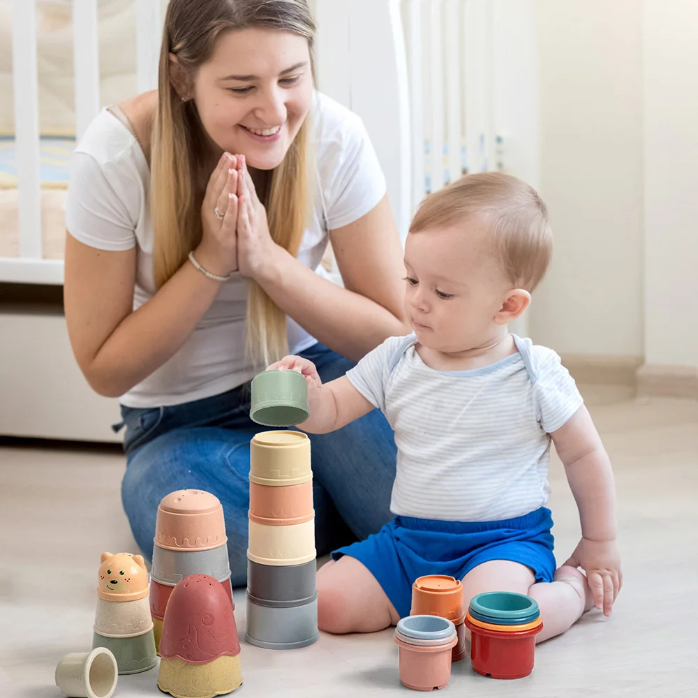 Silicone Building Block Baby Silicone Teether BPA Free Stacking Cups Hourglass Toys Plastic Stacked Cups Baby Educational Toys baby teething items at 4 months	