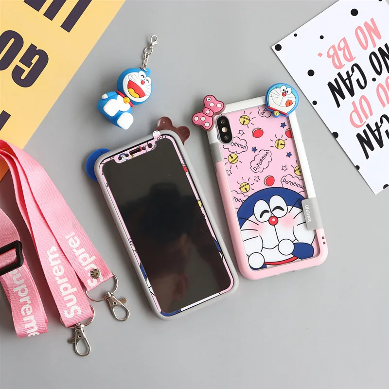 Для iPhone XS max XR X мультфильм Doraemon Закаленное стекло пленка+ бампер для iPhone 8 8plus 6 6SP 7 7P Fudas+ ремешок+ игрушка - Цвет: Флуоресцентный желтый