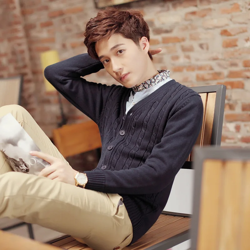 50% OFF 100% Cotton Knit Cardigan Men's 2020 Autumn Winter Long Sleeve Solid Color New V Neck Thin Sweater Brand Base Top Clothing J950