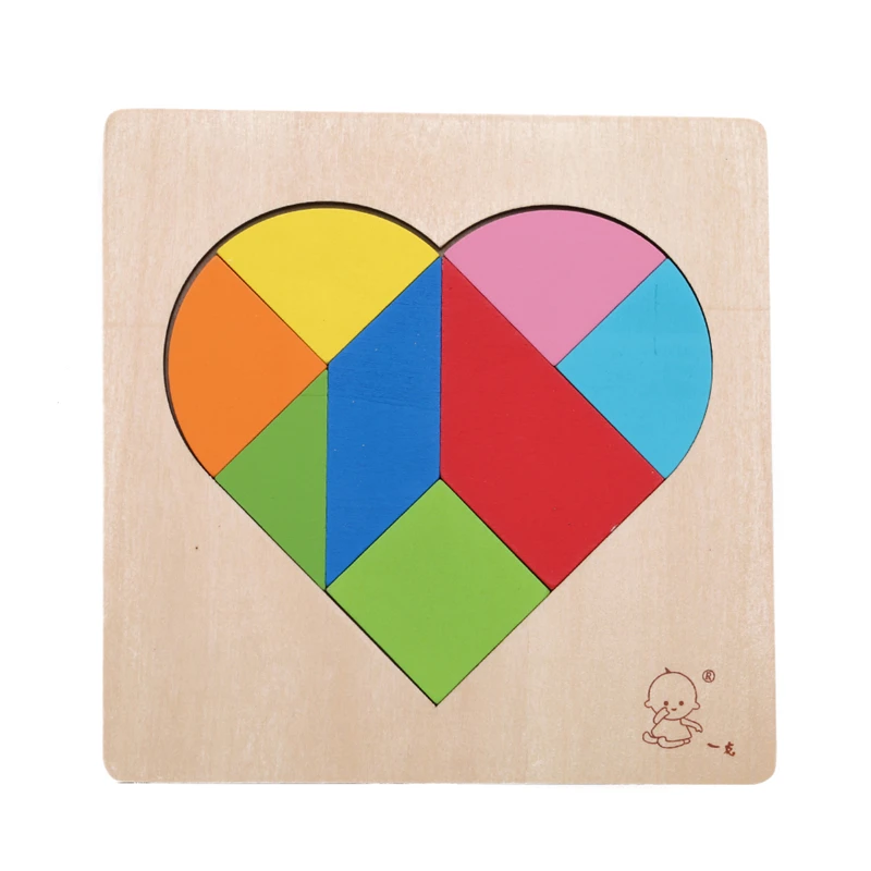 New Wooden Tangram Jigsaw Puzzle Colorful Square IQ Game Brain Teaser Intelligent Educational Toys For Kids Assembly Toys - Цвет: Heart