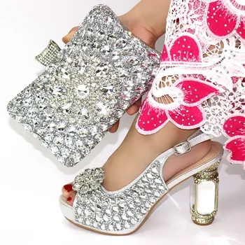 

New Arrival Silver Italian Shoes and Bag Matching Set Decorated with Rhinestone African Shoe and Bag Set Nigerian Wedding Shoe