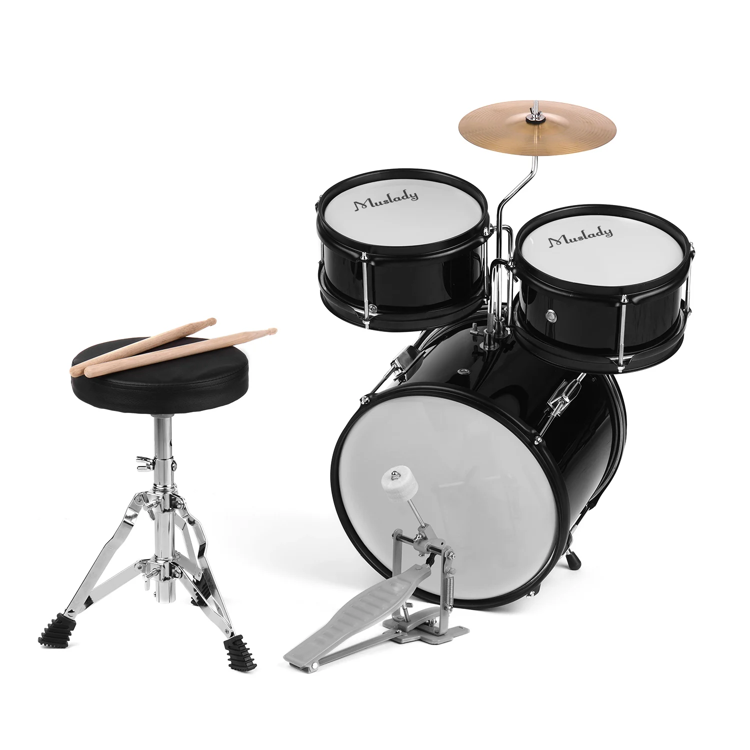 Muslady 3-pieces Drum Kit Дети Junior Drum Set ударный музыкальный инструмент с тарелки барабанные палочки регулируемый стул