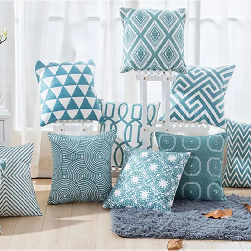 Синий вышитый чехол для подушки геометрический Бирюзовый декоративный чехол для подушки для дома комнаты дивана автомобиля украшения для сиденья K4UA