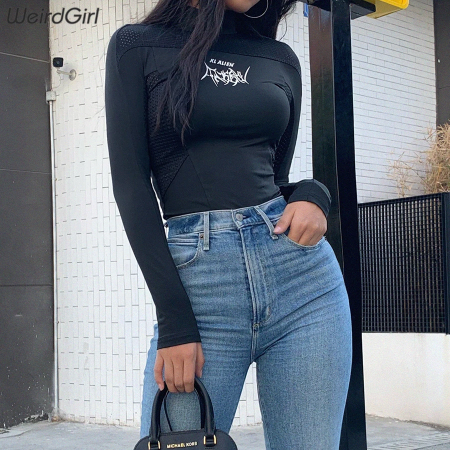 

weirdgirl women fitness casual tshirts full sleeve letter pint stretched fabric patchwork slim turtleneck tees autumn outfit