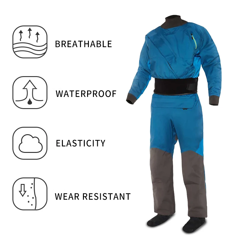 Men's Dry Breathable Drysuit Blue Waterproof Front Zip Completely Dry suit Rescue Extreme surface Dry Suit Kayak Dive Scuba