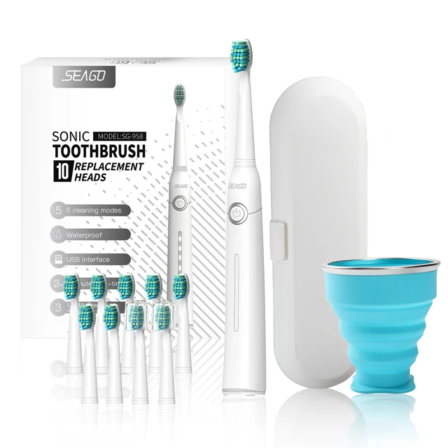 Seago Sonic Electric Toothbrush Tooth brush USB Rechargeable adult Waterproof Ultrasonic automatic 5 Mode with Travel case white 10head box cup