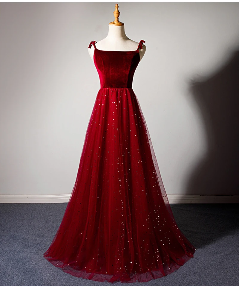 Wine Red Evening Dress 2021 A Line Spaghetti Strap Tulle Long Prom Party Women Gown Vestido Largo Fiesta Noche Elegante | Свадьбы и