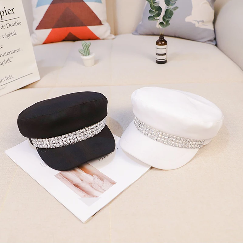 T-MAC, Женская Корейская версия британского морского флота, кепка, плоский верх, берет, жемчуг, стразы, Ретро стиль, утка, язык, восьмиугольная кепка, хипстер