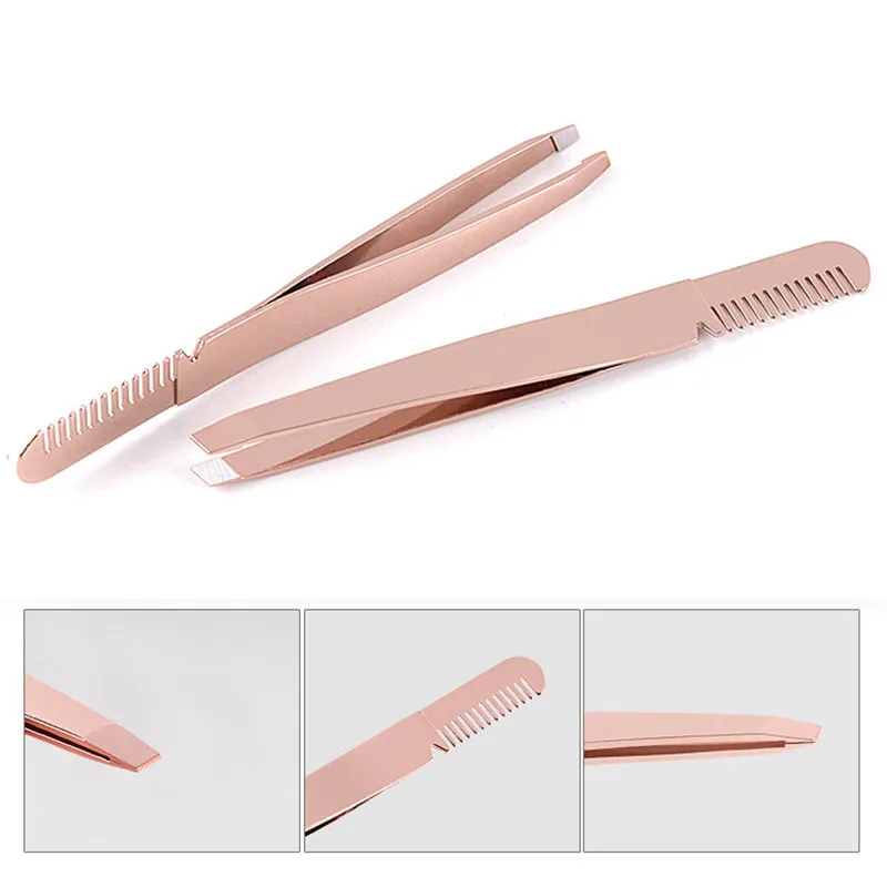 

2Pcs Stainless Steel Rose Gold Eyebrow Tweezers Eyebrow Remover Eyelashes Extension Comb Eyebrow Trimmer Makeup Tools