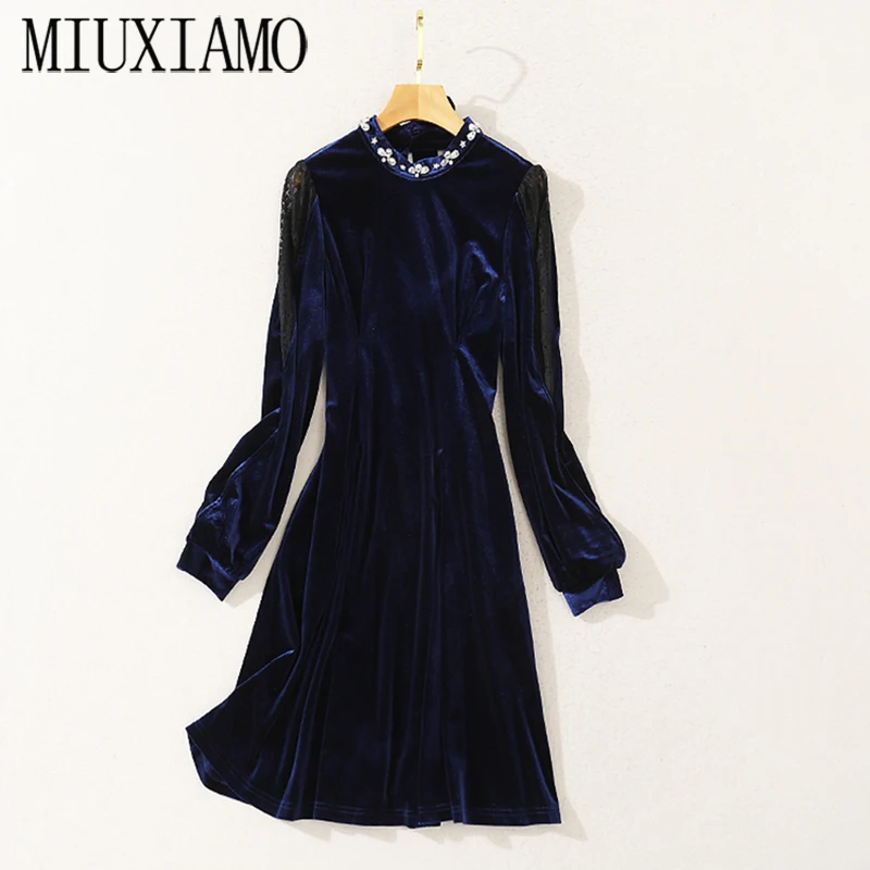 

MIUXIMAO 2020 Fall Dress Women Party Velvet Dress Diamonds Office Lady Casual Long Sleeve Blue Dress Women Vestidos with Bow