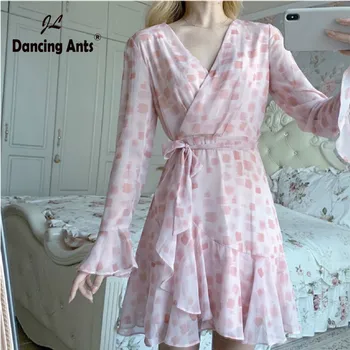 

Women Print Dress High Waist A-Line Butterfly Sleeve V-neck Mini-Length Lace Up Ruffles New Autumn Vintage Woman Slim Dresses