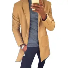 Шикарный мужской осенний зимний однотонный воротник с лацканами карманы Длинный блейзер Тренч пальто