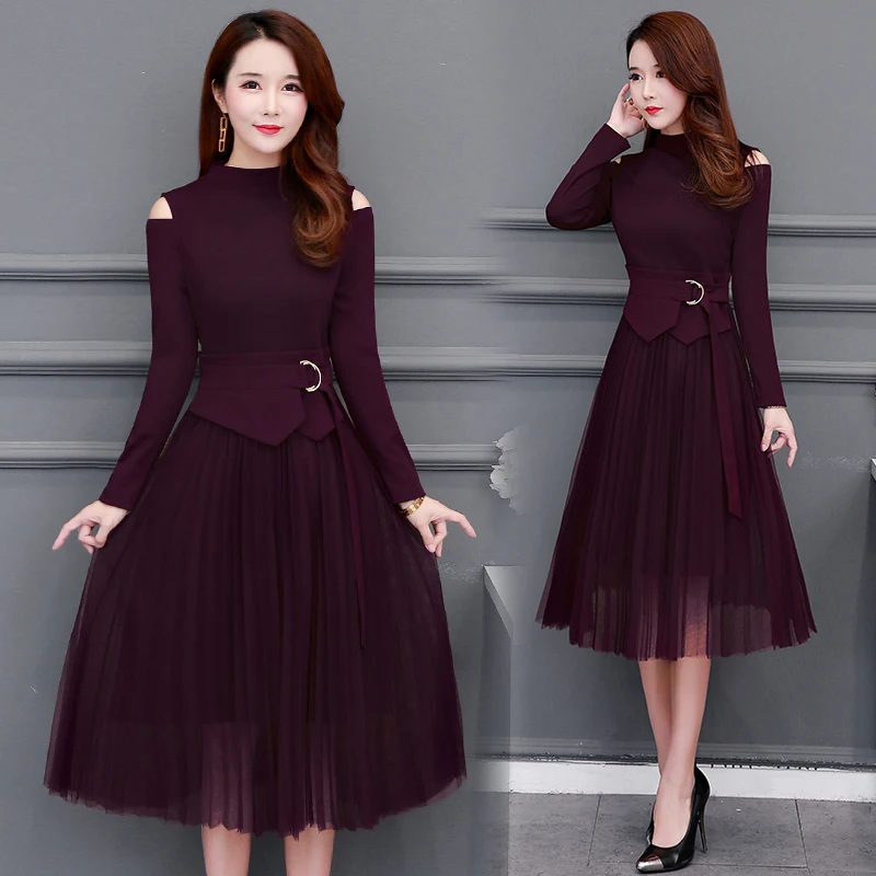 

Pleated Korea Party Plus Size O-Neck Long Sleeve Solid High Waist Winter Knitted Dress Autumn Women Feminino Woman New 2019