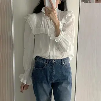 

Summer New 2020 Ruffled Linen Blouse Stripes Hollow Out Stand Collar Flare Long Sleeve Office Lady Shirt