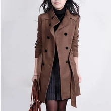 Модное женское Шерстяное Пальто, женское кашемировое плотное пальто с отложным воротником, двубортное тонкое однотонное длинное пальто с поясом