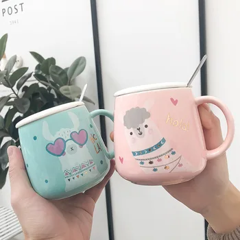 

Cute Cartoon Alpaca Belly Ceramic Cup with Lid Spoon Creative Juice Milk Breakfast Cup Household Coffee Mug for Women Man Couple