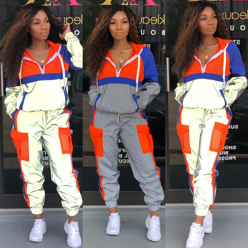 

Neon Block Night Version Reflective Tracksuit Womans Outfits Streetwear 2 Two Piece Set Zipper Hooded Top and Pants Sweat Suits