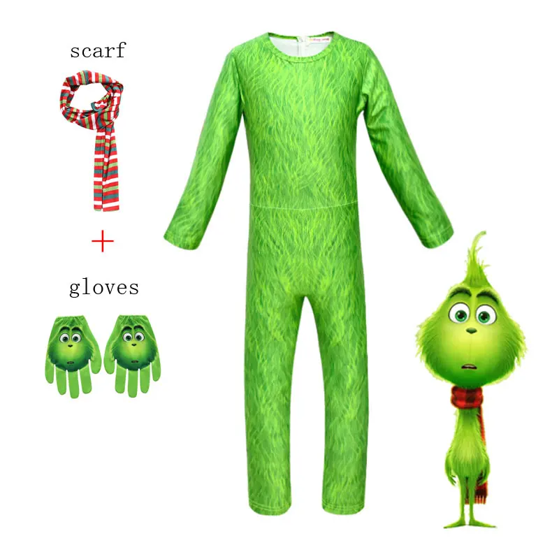 4PCS Set New The Grinch Christmas Costume Cosplay Green haired Monster Jumpsuit Clothes Kids Halloween Girls