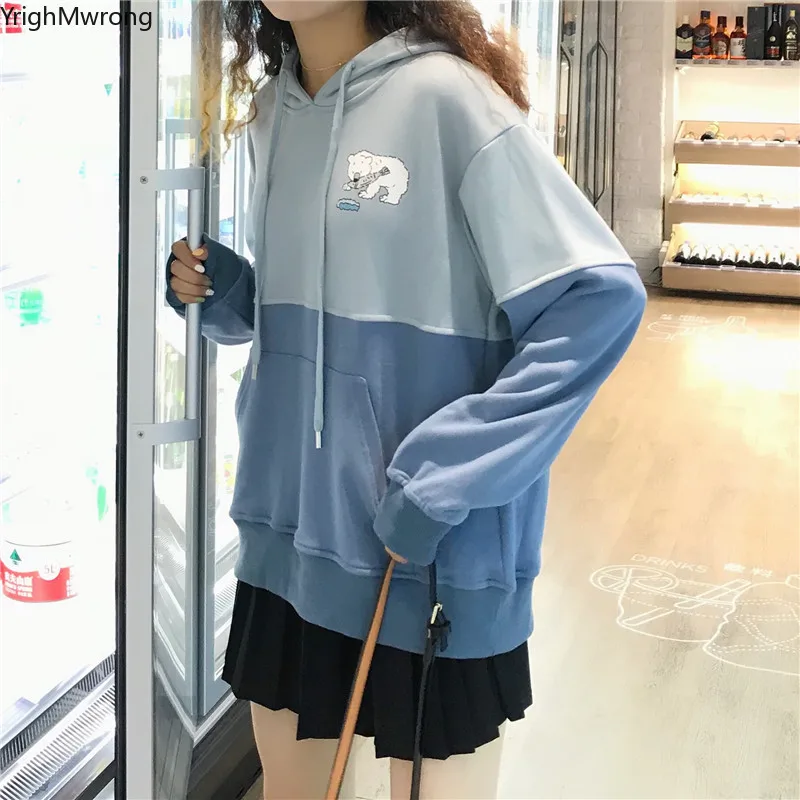 

Patchwork Contrast Block Solid Cute Cartoon Print Long Sleeve Hooded Loose Sweatshirt Pullover Hoodies Korean Women Pink Top
