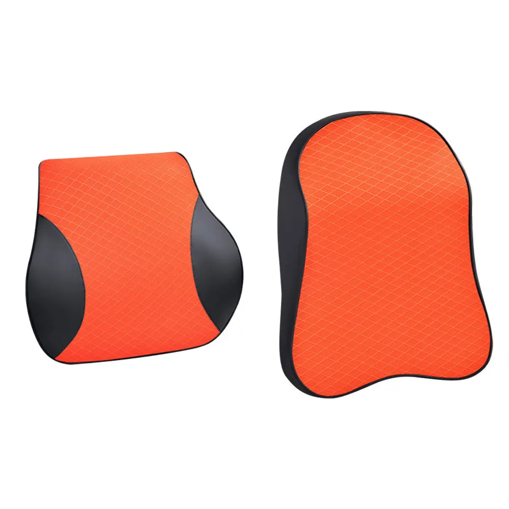 Orange 1 комплект, искусственная кожа, Автомобильная подушка для шеи, подушка для шеи, 3D пена памяти, подушка для поясницы, универсальная подушка под спину, автомобильные аксессуары - Цвет: Orange