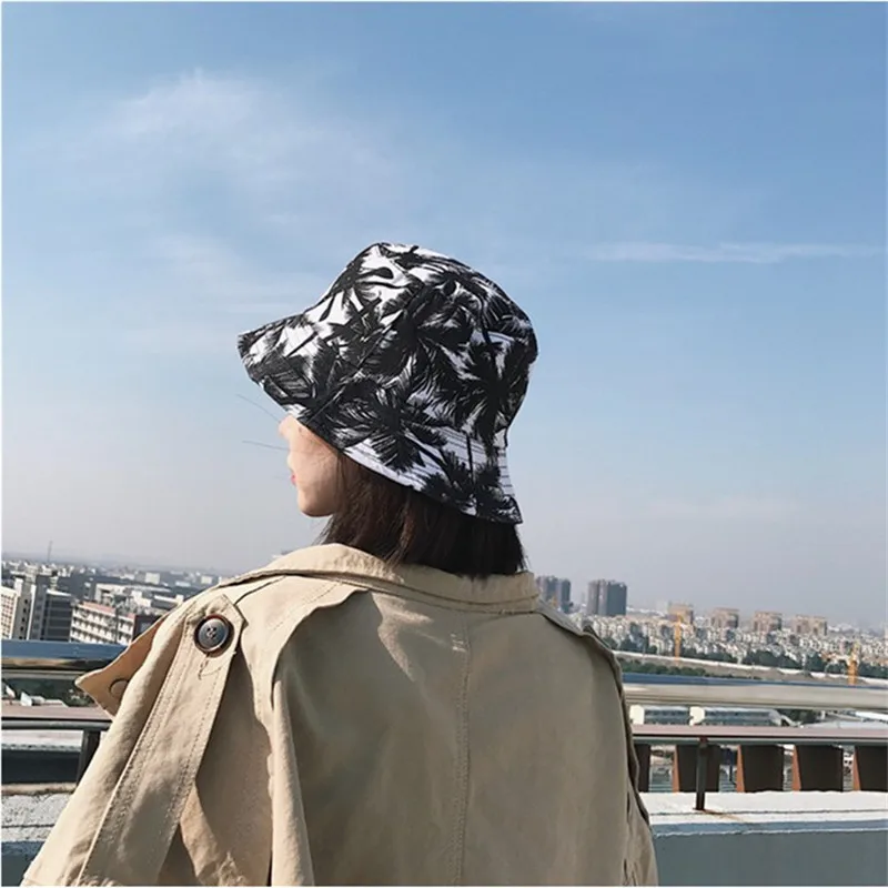 Fashion Coconut Tree Printed Hat White Black Bucket Hat Reversible Fisherman Caps Summer Sunscreen Hats For Men Women