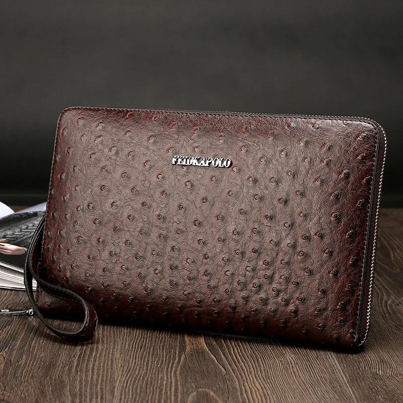 

Men Business Clutch Casual Ostrich Grain Leather Wallet Long Handbag Cowhide Men's Bag Clutch Bag